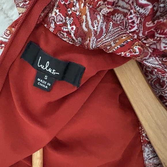 Lulus small rust red paisley mini dress mock neck balloon sleeve wrap skirt - Picture 12 of 14